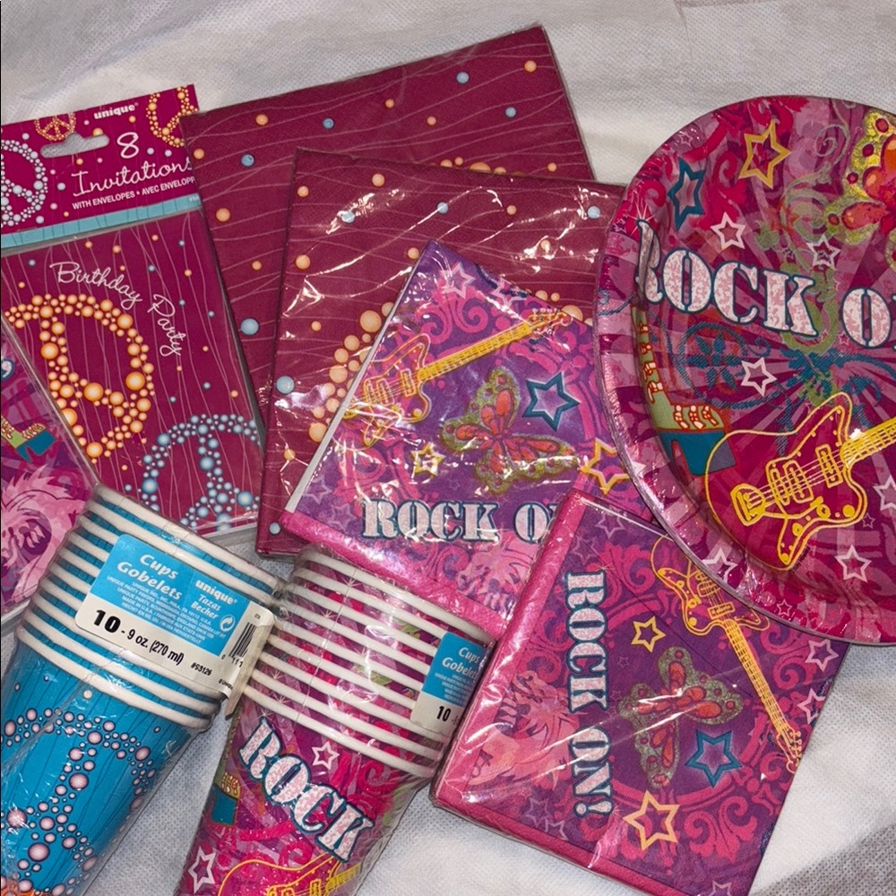 Peace Rock On Party Plates Cups Napkins Pink Blue Disposable Tableware Set New